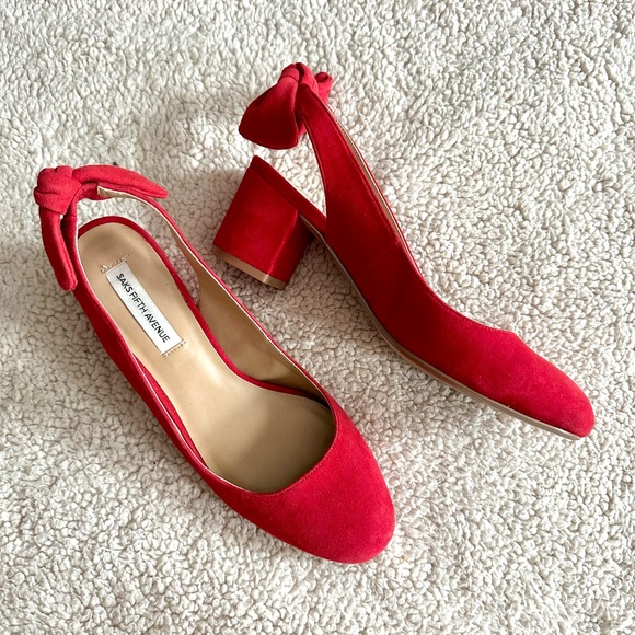 Saks Fifth‎ Avenue • Red Suede Bow Pumps - Picture 1 of 6